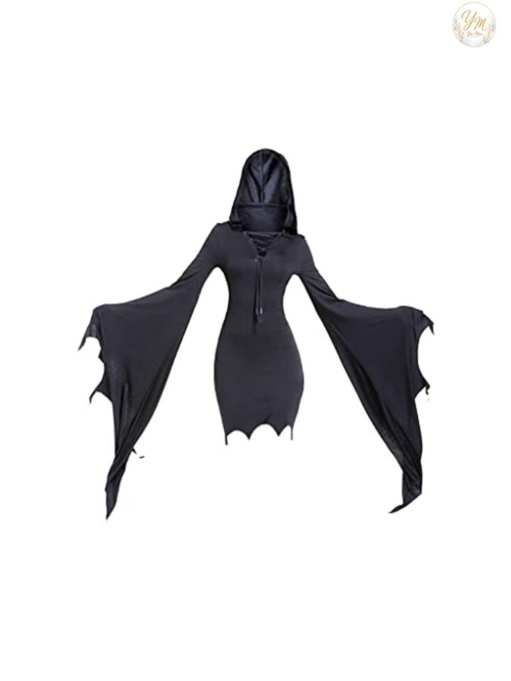 Women Gothic Witch Hooded Dress Batwing Sleeve V-Neck Halloween Costume